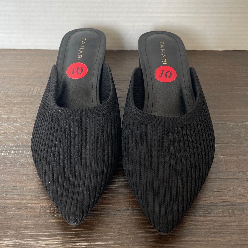 Tahari Ribbed Black Slip-On Mules